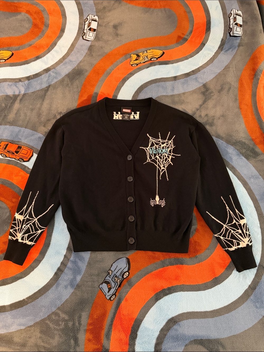 Marvel Black Venom Spiderweb Button-Front Cardigan Sweater